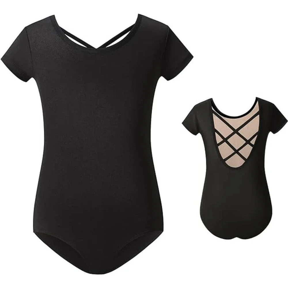 MdnMd Girls Leotard with Cross Back Detail in Black, Size 6-7​​​​​​​